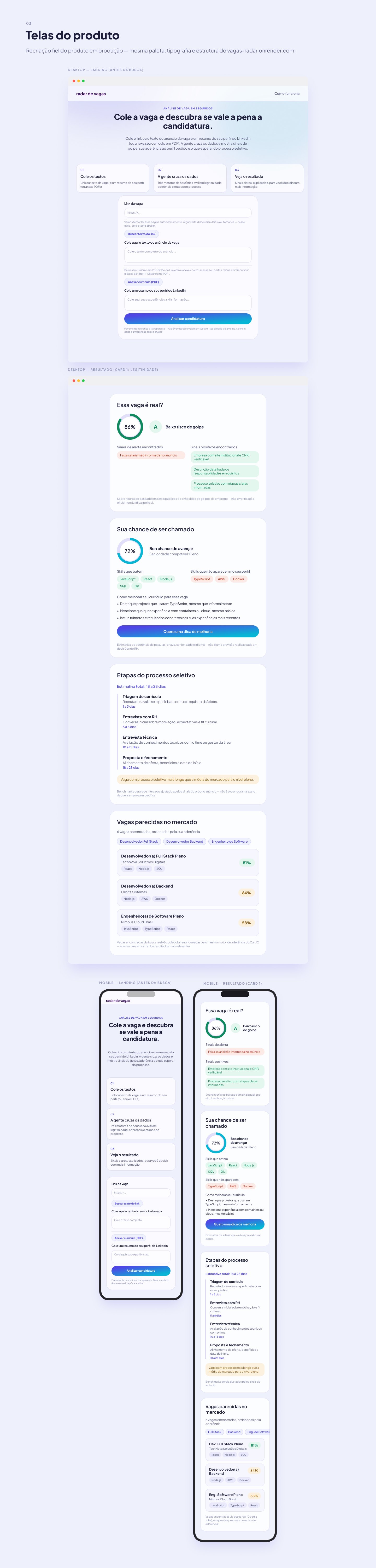 Radar de Vagas — telas do produto, desktop e mobile