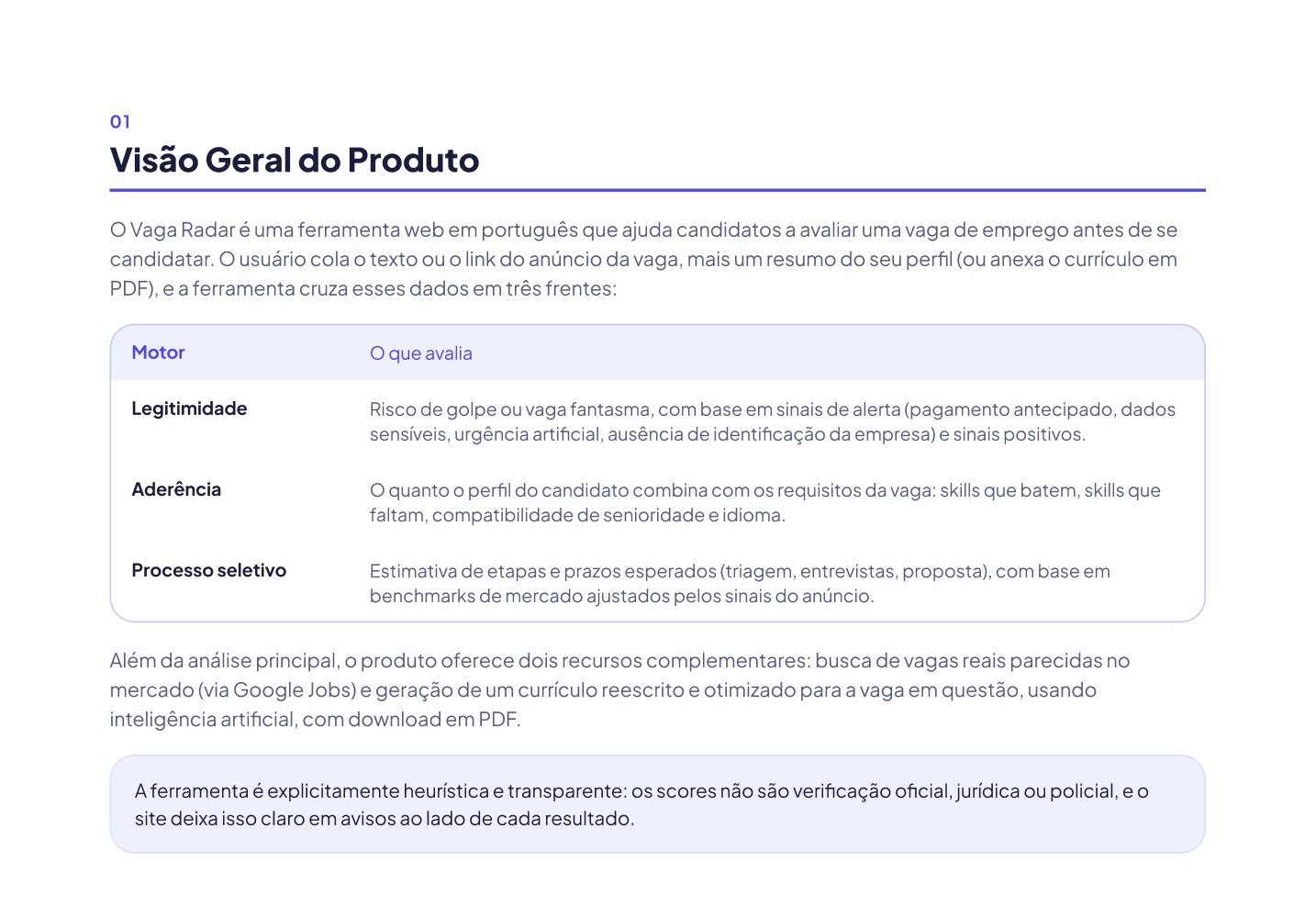 Radar de Vagas — documentação técnica, visão geral do produto